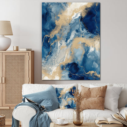 Elegant Blue and Gold Abstract Fluid Art for Modern Home Décor
