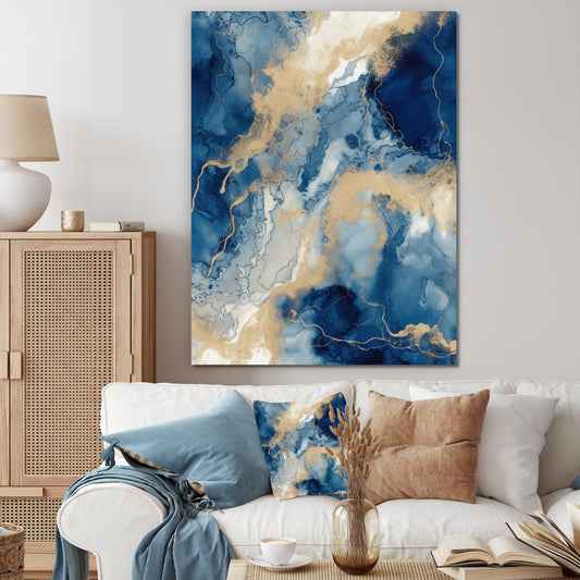 Elegant Blue and Gold Abstract Fluid Art for Modern Home Décor