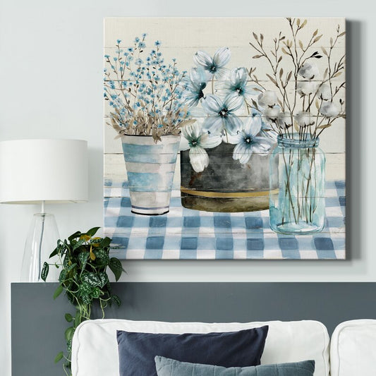 Tranquil Blue Farmhouse Floral Arrangement Oil Painting for Home Decor
