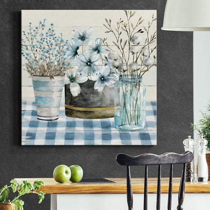 Tranquil Blue Farmhouse Floral Arrangement Oil Painting for Home Decor