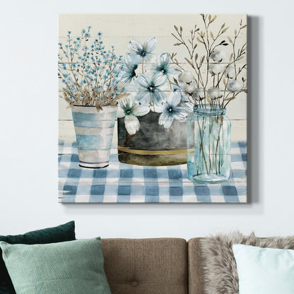 Tranquil Blue Farmhouse Floral Arrangement Oil Painting for Home Decor