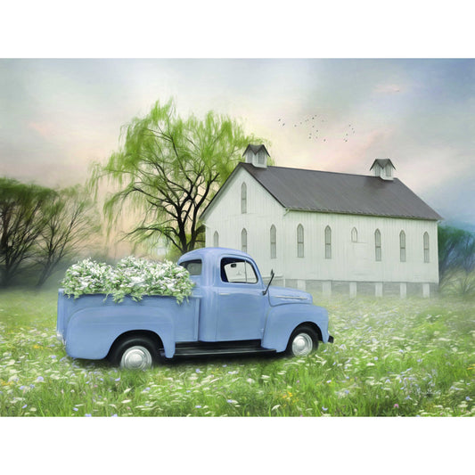 Charming Blue Vintage Truck in Blooming Meadow Near Barn Landscape
