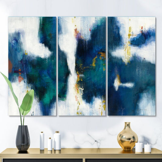 Elegant Blue and Gold Abstract Triptych Oil Painting for Modern Home Decor