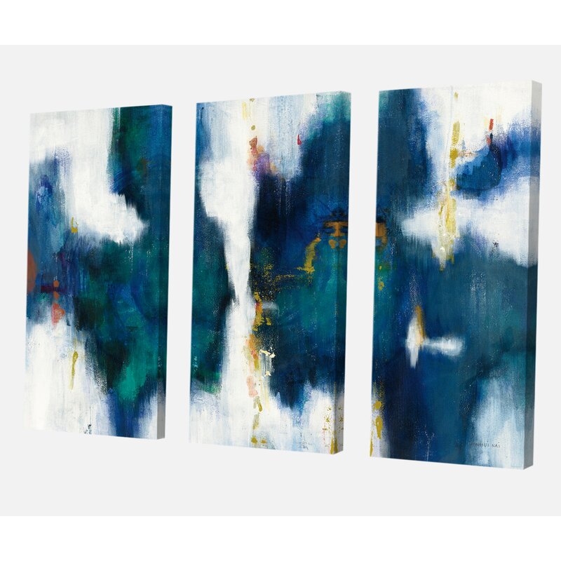 Elegant Blue and Gold Abstract Triptych Oil Painting for Modern Home Decor