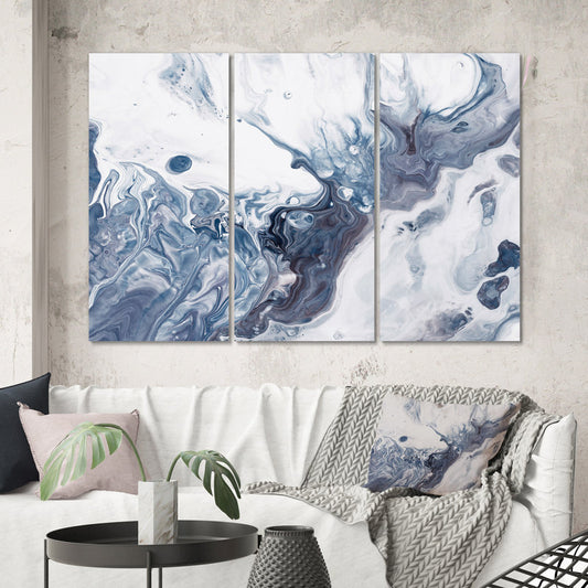 Serene Blue and Gray Abstract Wave Art Triptych for Modern Home Décor