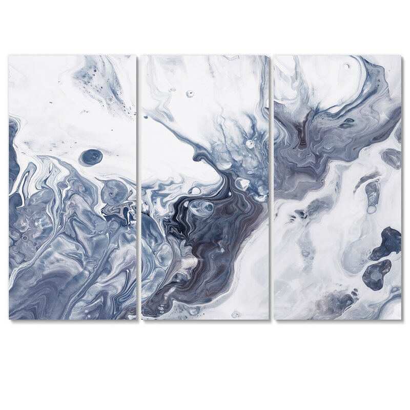 Serene Blue and Gray Abstract Wave Art Triptych for Modern Home Décor
