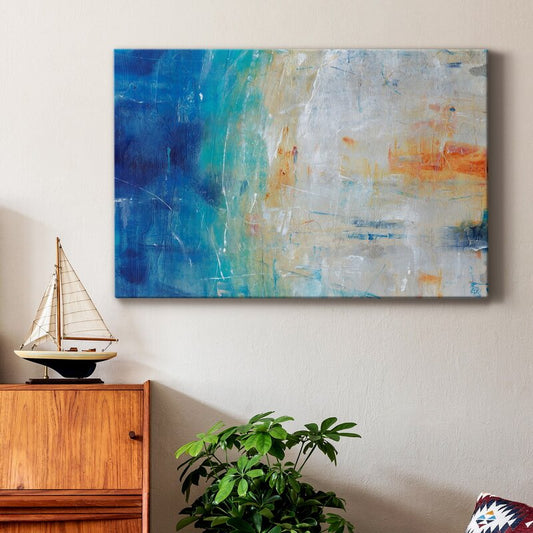 Serene Coastal Vibes Abstract Oil Painting in Blue and Orange Hues