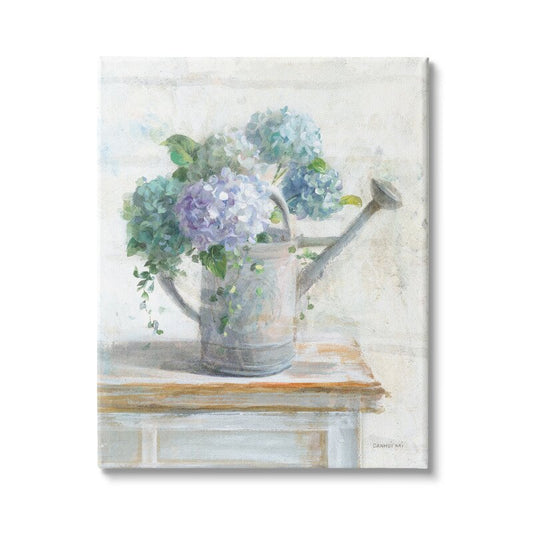 Beautiful Blue Hydrangeas in Watering Can - Serene Floral Oil Painting