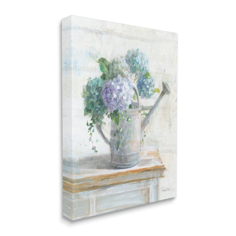 Beautiful Blue Hydrangeas in Watering Can - Serene Floral Oil Painting