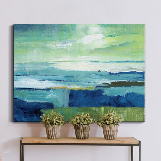 Serene Coastal Landscape Oil Painting in Vibrant Blue and Green Tones