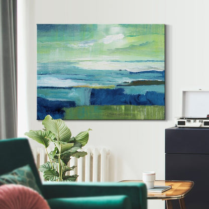 Serene Coastal Landscape Oil Painting in Vibrant Blue and Green Tones