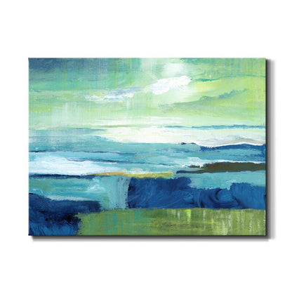 Serene Coastal Landscape Oil Painting in Vibrant Blue and Green Tones
