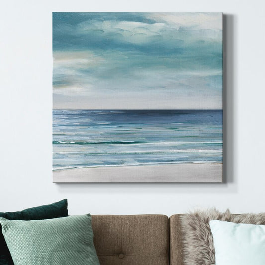 Coastal Serenity: Blue and Silver Ocean Waves Oil Painting for Tranquil Spaces