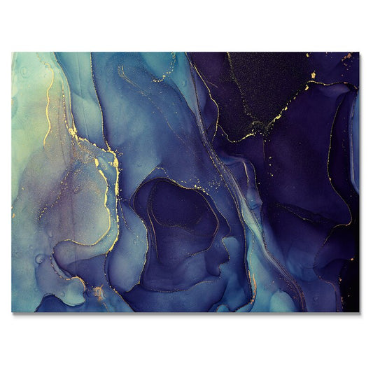 Serene Blue Abstract Oil Painting with Gold Accents for Home Decor