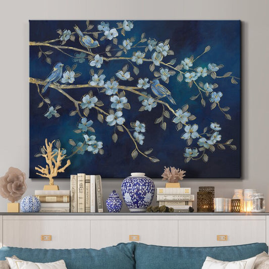 Whimsical Bluebirds and Blossoms in Calming Oceanic Hues