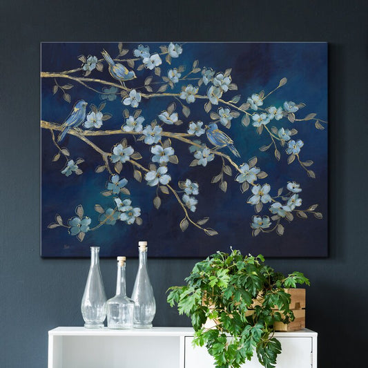 Vibrant Bluebirds Amidst Blossoming Flowers Oil Painting