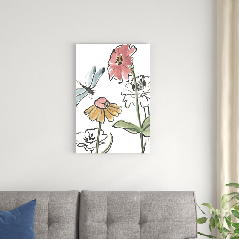 Vibrant Boho Floral Oil Painting with Dragonfly Accent for Home Decor