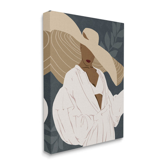Elegant Boho Woman with Sun Hat and Botanical Art for Modern Decor