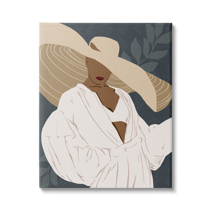 Elegant Boho Woman with Sun Hat and Botanical Art for Modern Decor