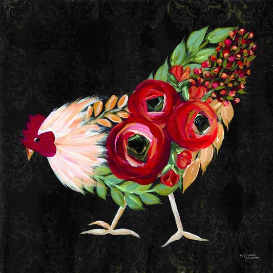 Whimsical Floral Rooster Oil Painting