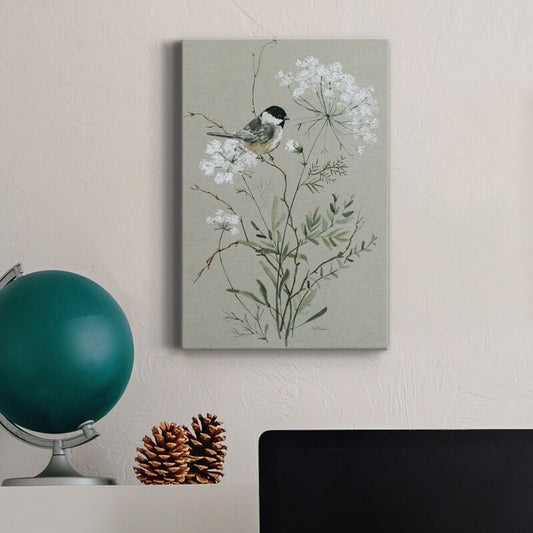 Serene Bird on Blossoming Wildflowers Oil Painting for Tranquil Home Decor
