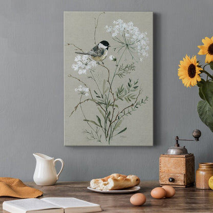 Serene Bird on Blossoming Wildflowers Oil Painting for Tranquil Home Decor
