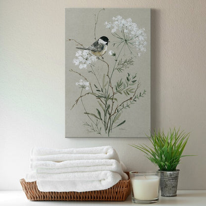Serene Bird on Blossoming Wildflowers Oil Painting for Tranquil Home Decor
