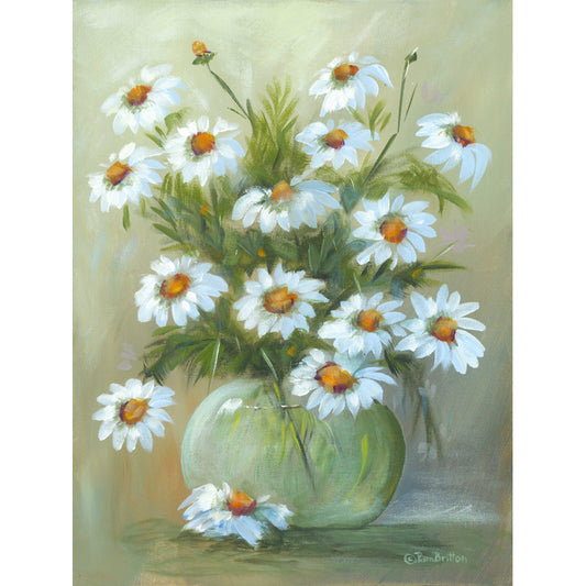 Charming Daisy Arrangement in a Green Vase - Vibrant Floral Oil Painting