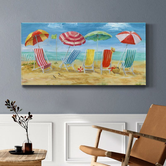 Sunny Beach Scene with Colorful Chairs and Umbrellas