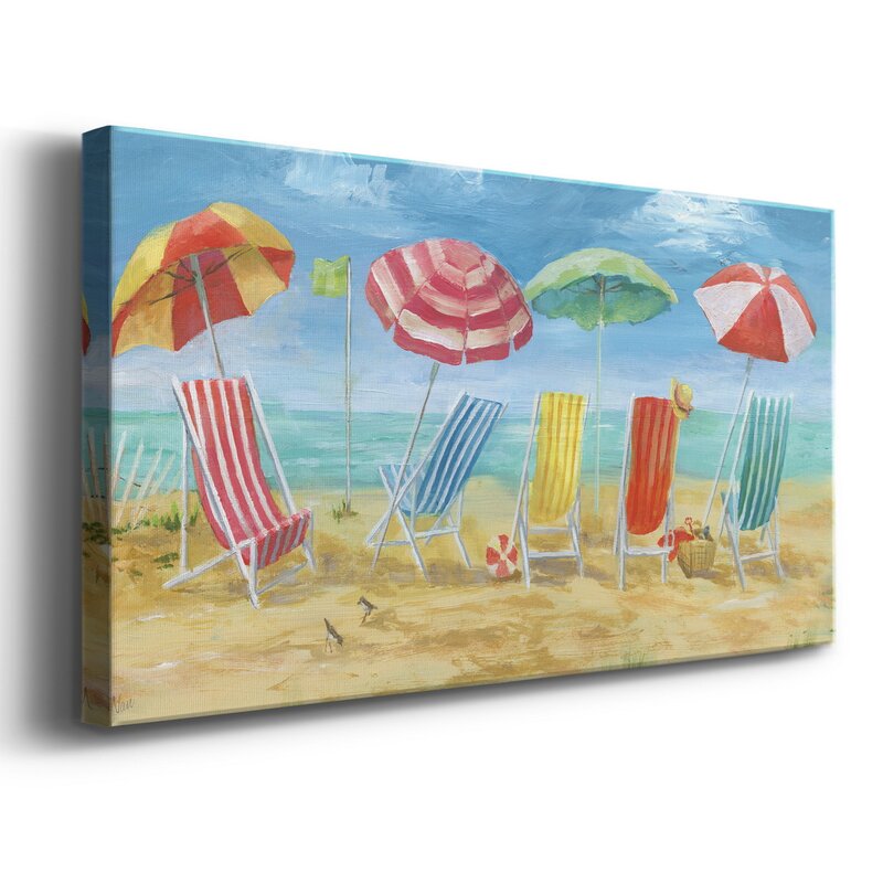 Sunny Beach Scene with Colorful Chairs and Umbrellas