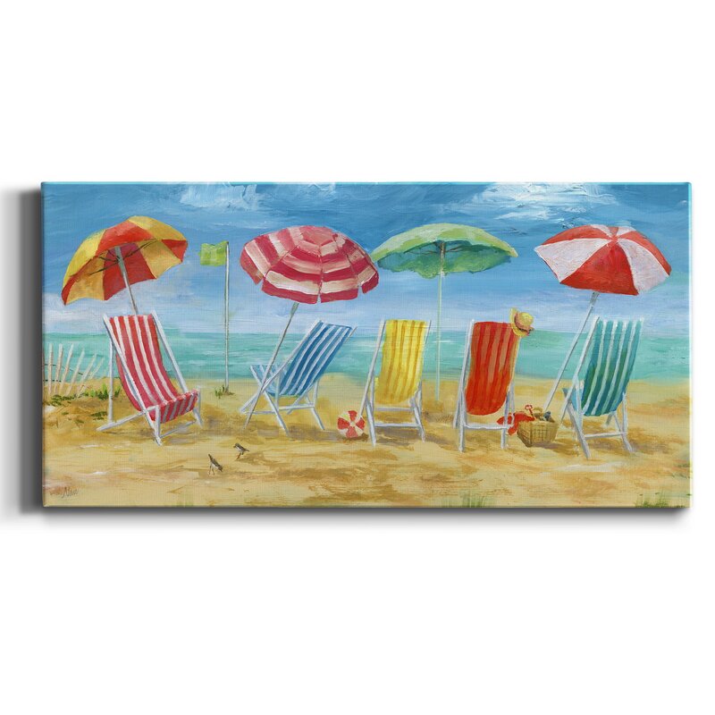 Sunny Beach Scene with Colorful Chairs and Umbrellas