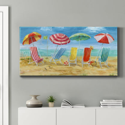 Sunny Beach Scene with Colorful Chairs and Umbrellas