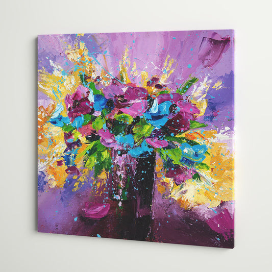 Vibrant Spring Flower Bouquet Oil Painting on Purple Background for Home Decor