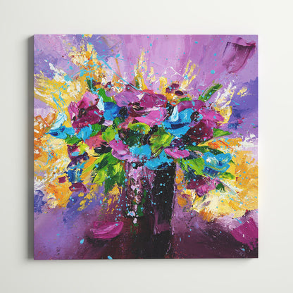 Vibrant Spring Flower Bouquet Oil Painting on Purple Background for Home Decor