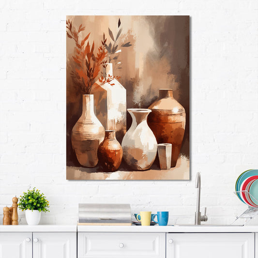 Elegant Earth Tones: Abstract Oil Painting of Decorative Vases