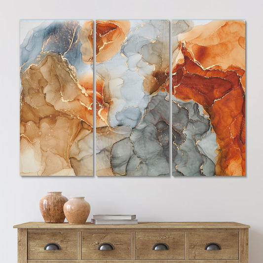 Elegant Brown and Gray Abstract Fluid Art Triptych for Modern Interiors