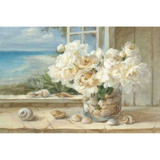 Serene Coastal Still Life with White Peony Bouquet and Seashells