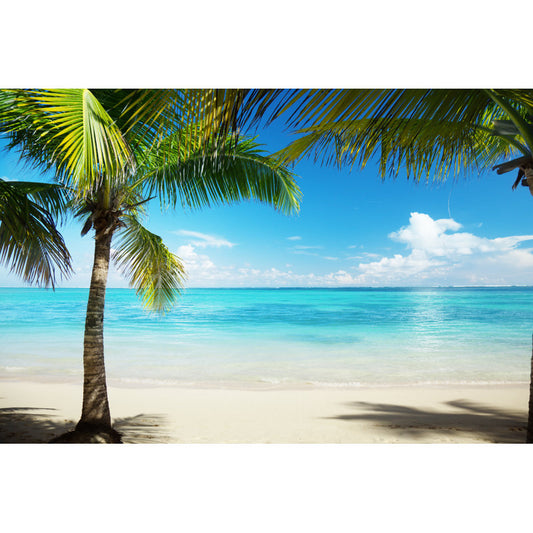 Tranquil Caribbean Beach Oil Painting with Palm Trees and Crystal Clear Ocean