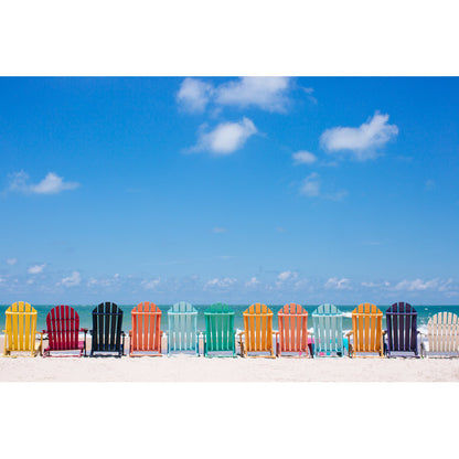 Vibrant Beach Chairs Under Blue Sky - Coastal Oil Painting