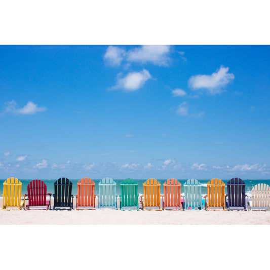 Vibrant Beach Chairs Under Blue Sky - Coastal Oil Painting