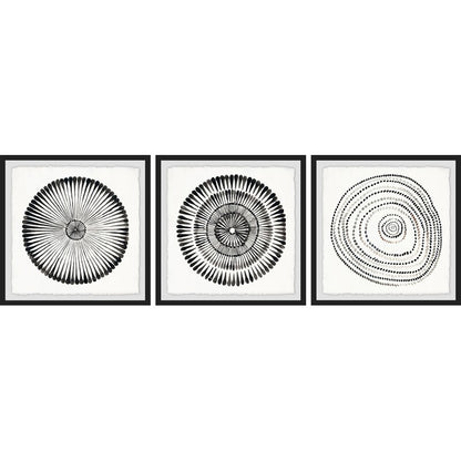 Elegant Black and White Circle Bloom Abstract Triptych Wall Art