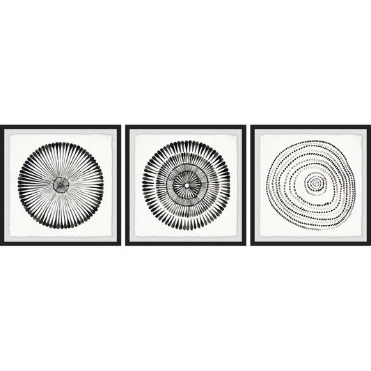Elegant Black and White Circle Bloom Abstract Triptych Wall Art