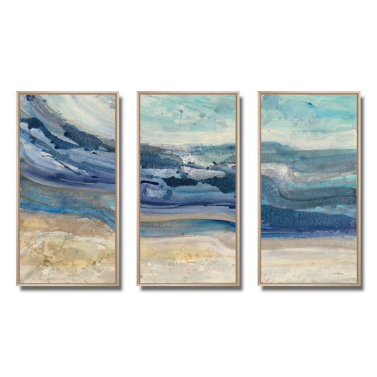 Tranquil Blue Sea Waves Triptych Oil Painting for Coastal Home Decor