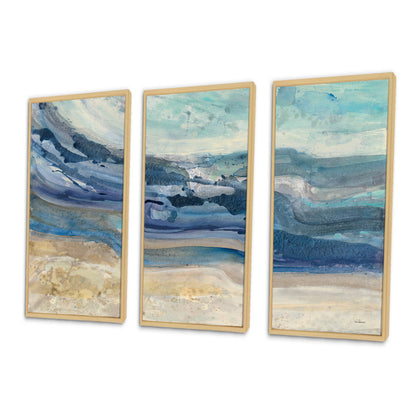 Tranquil Blue Sea Waves Triptych Oil Painting for Coastal Home Decor