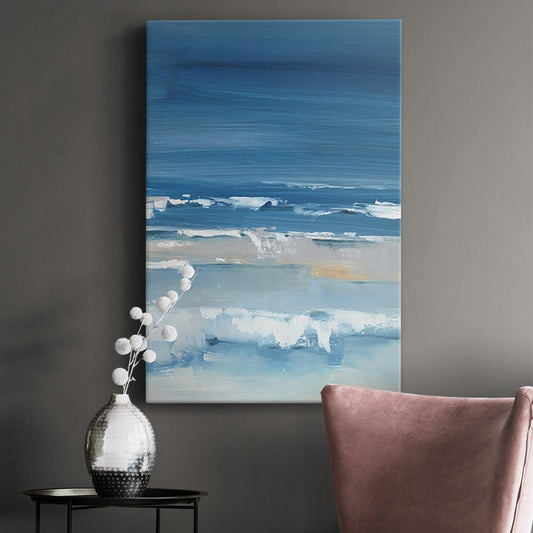 Serene Coastal Landscape: Vibrant Ocean Blues and Gentle Waves in Oil Painting