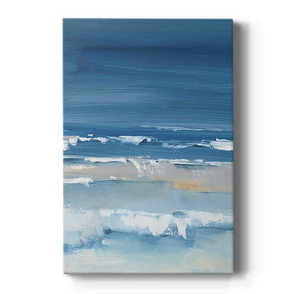 Serene Coastal Landscape: Vibrant Ocean Blues and Gentle Waves in Oil Painting