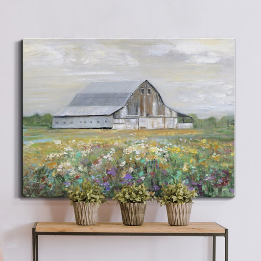 Charming Oil Painting of Rustic Barn Amidst Vibrant Country Wildflowers