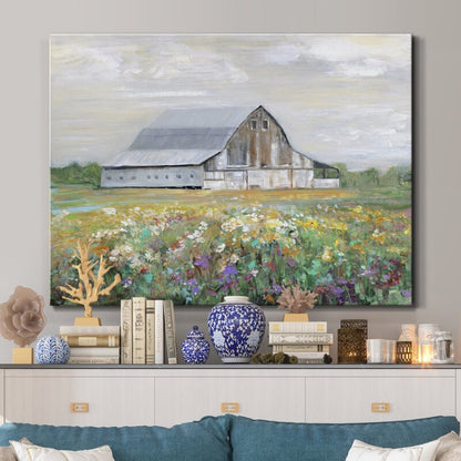 Charming Oil Painting of Rustic Barn Amidst Vibrant Country Wildflowers