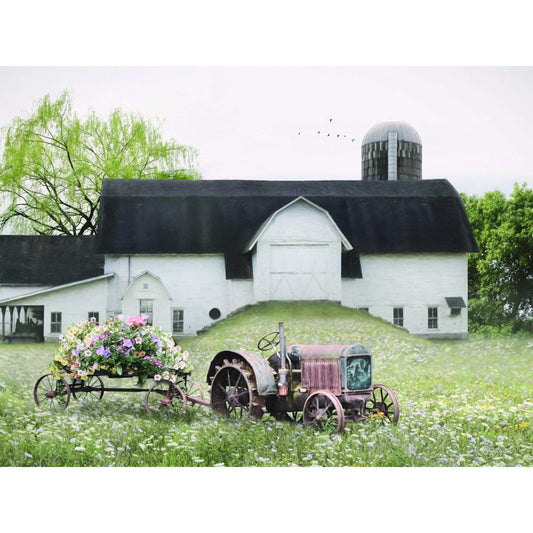 Charming Country Flower Cart with Rustic Tractor in Serene Farm Landscape