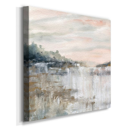 Serene Landscape Painting of Tranquil Waterfall and Misty Reflections